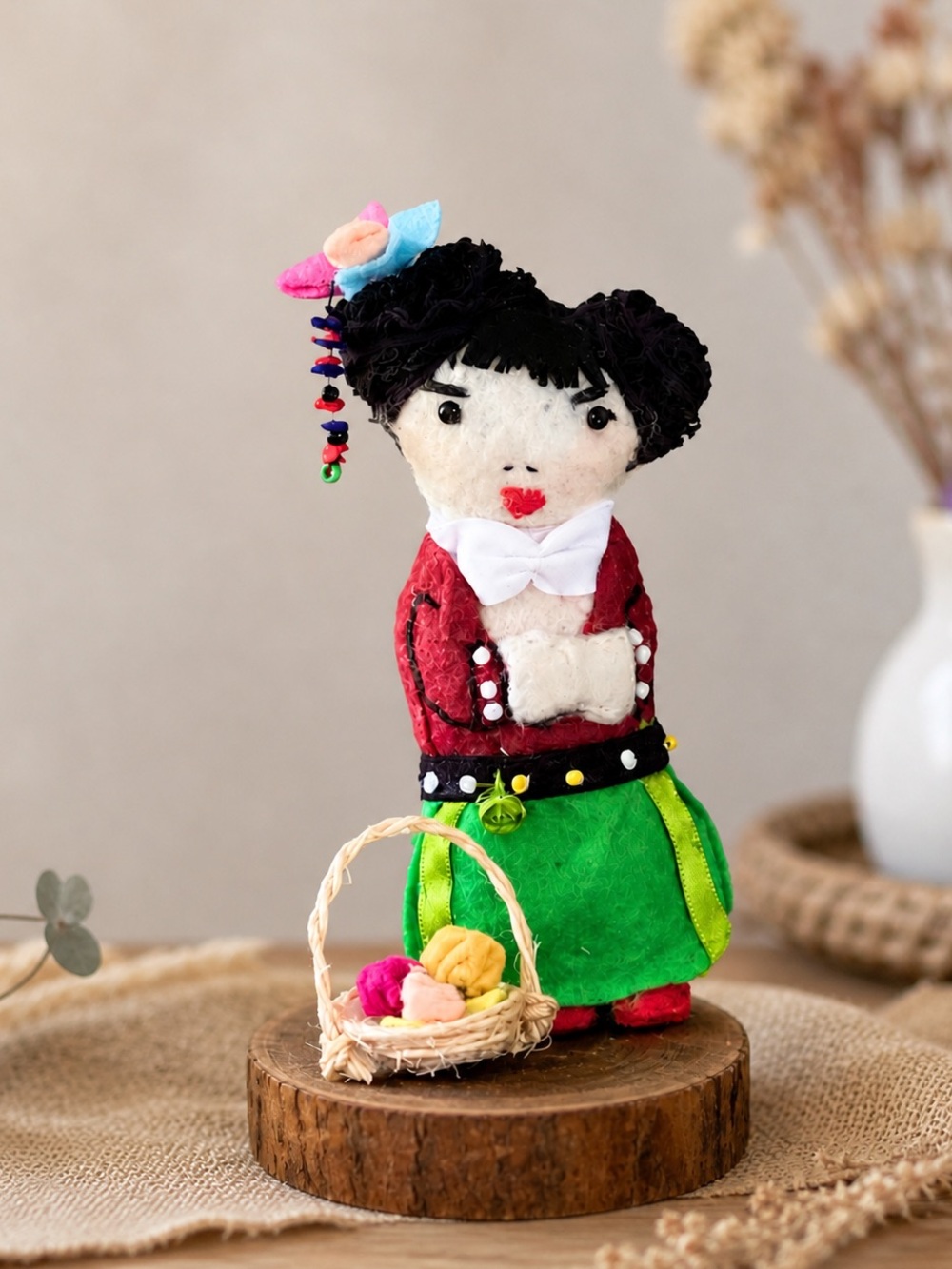 Handmade Felt Folk Art Doll on Natural Wood Base – Handstitched Decorative Piece